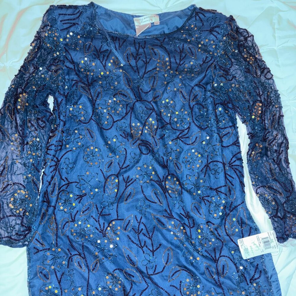 Papell Boutique Evening Beaded Silk Dress Blue Floral | Size M | Vintage Formal